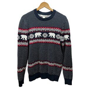 Aspen Fair Isle Polar Bear Sweater Mens Size S Navy Red White Winter Knit Cotton